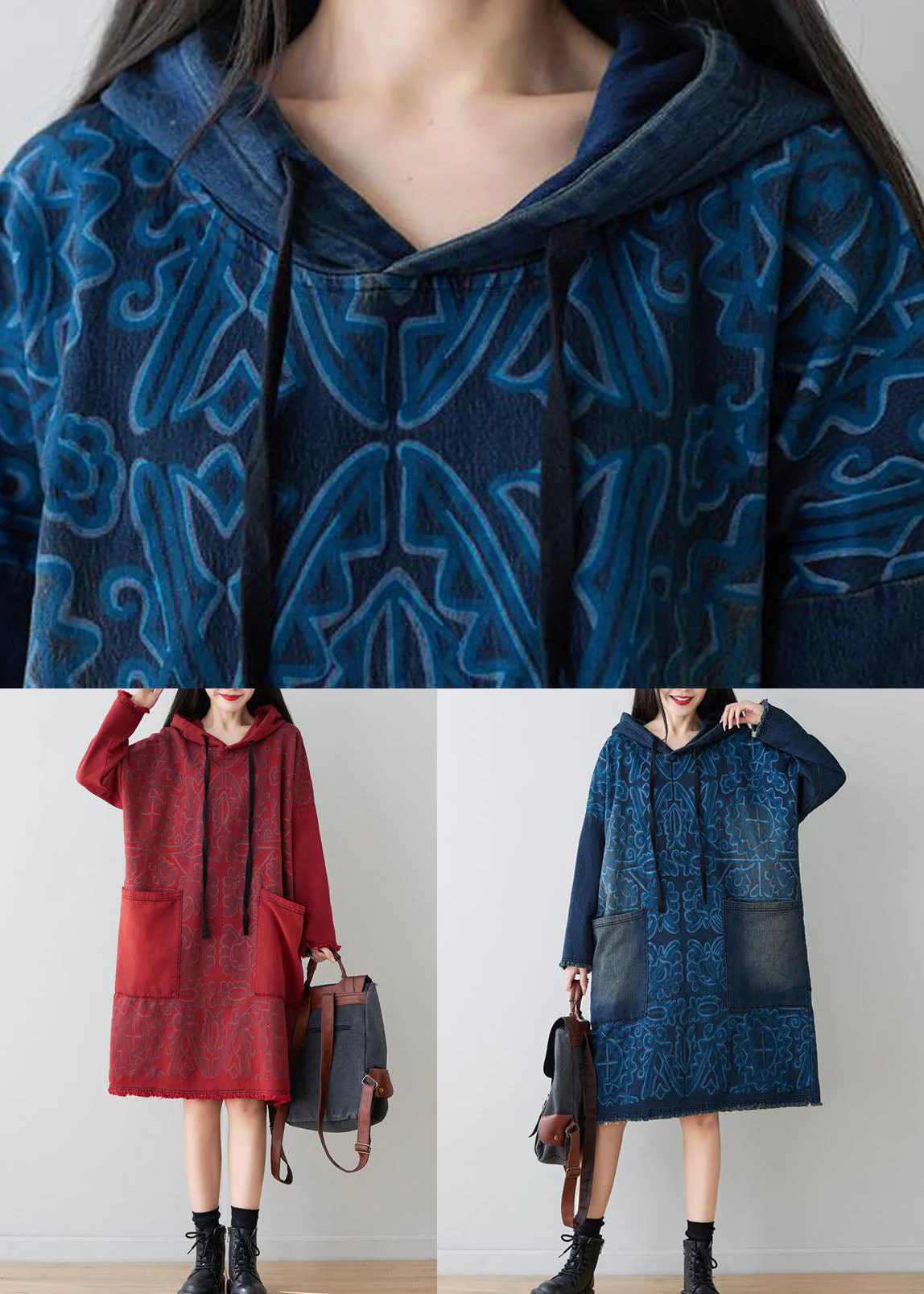 Italian Red Hooded Patchwork Denim Mid Dress Spring - Image 5