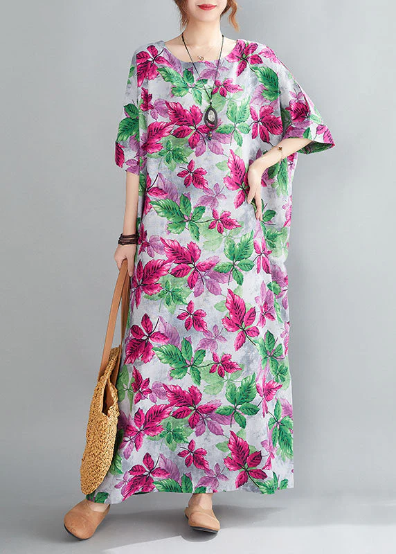 Italian Red O-Neck Oversized Print Linen Long Dresses Gown Half Sleeve - Image 2