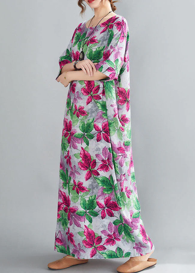 Italian Red O-Neck Oversized Print Linen Long Dresses Gown Half Sleeve - Image 3