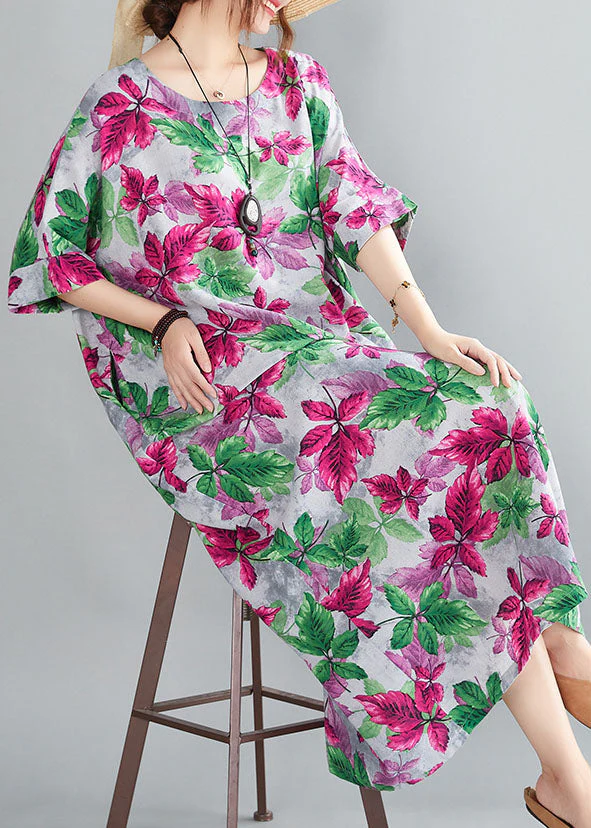 Italian Red O-Neck Oversized Print Linen Long Dresses Gown Half Sleeve - Image 4