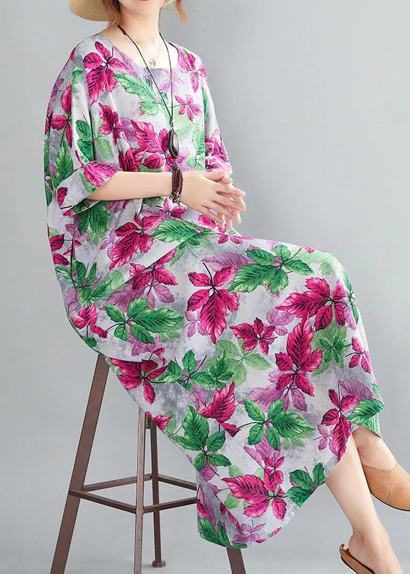 Italian Red O-Neck Oversized Print Linen Long Dresses Gown Half Sleeve - Image 5