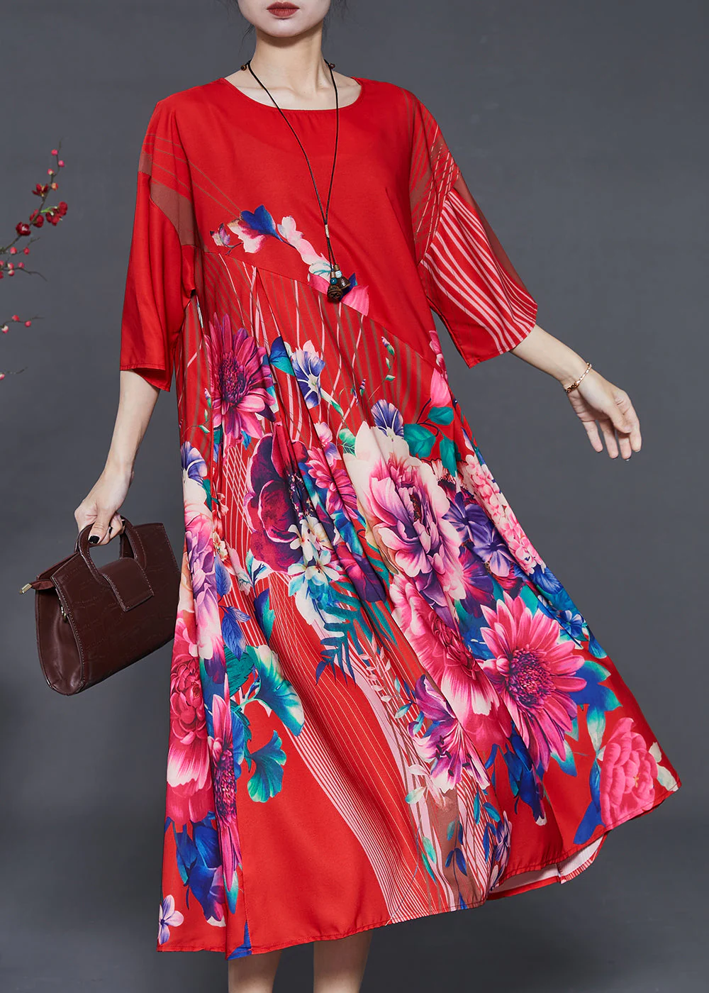 Italian Red Oversized Floral Silk Dresses Summer - Image 3
