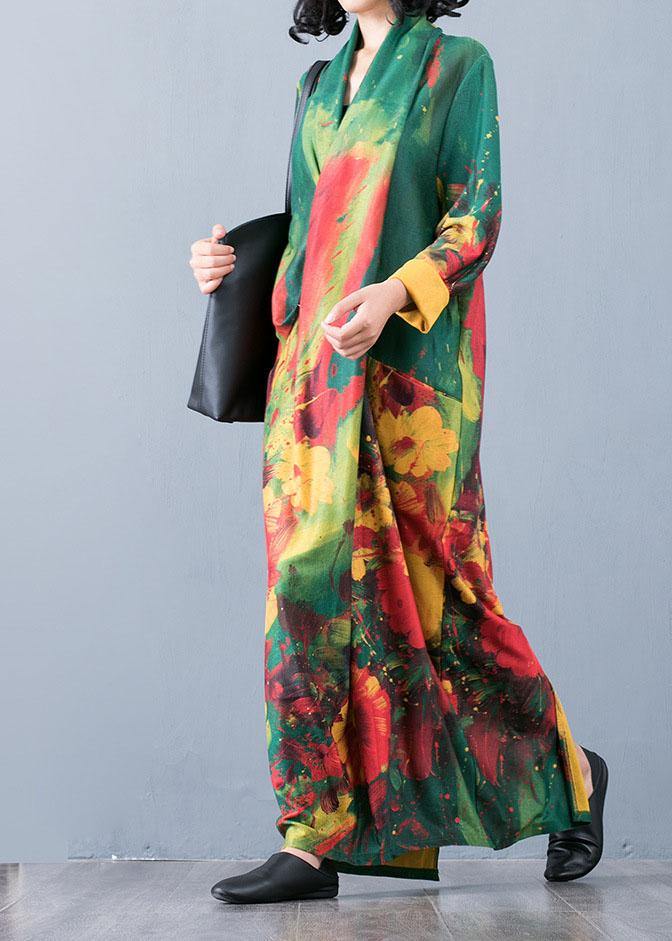Italian red print cotton v neck back side open Maxi fall Dress - Image 2