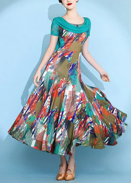 Italian Red Print Lace Patchwork Long Dresses Summer - Image 2