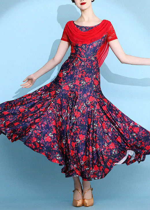 Italian Red Print Lace Patchwork Long Dresses Summer - Image 4