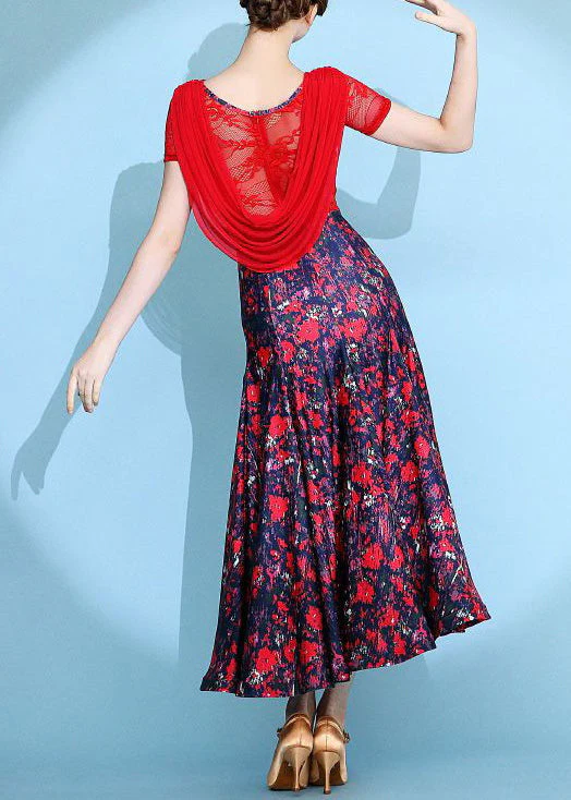 Italian Red Print Lace Patchwork Long Dresses Summer - Image 5