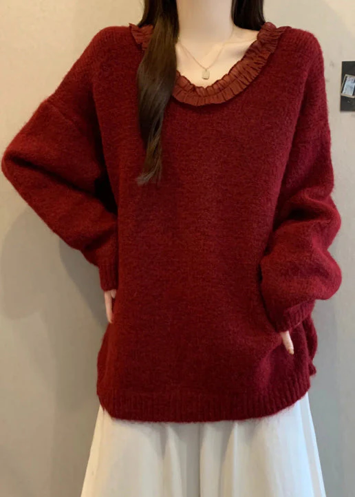 Italian Red Ruffled Patchwork Bow Knit Pullover Winter - Image 3