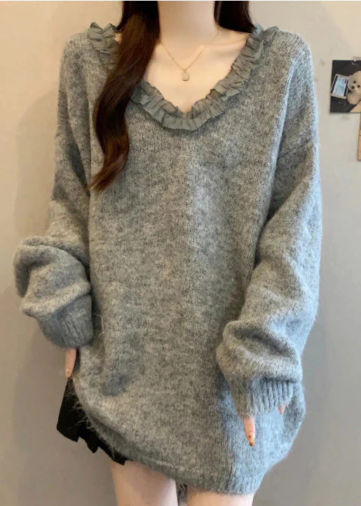 Italian Red Ruffled Patchwork Bow Knit Pullover Winter - Image 5