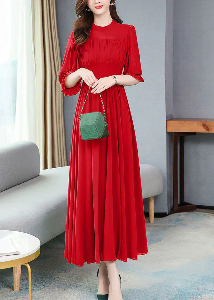 Italian Red Ruffled Patchwork Party Chiffon Long Dress Half Sleeve - Image 2