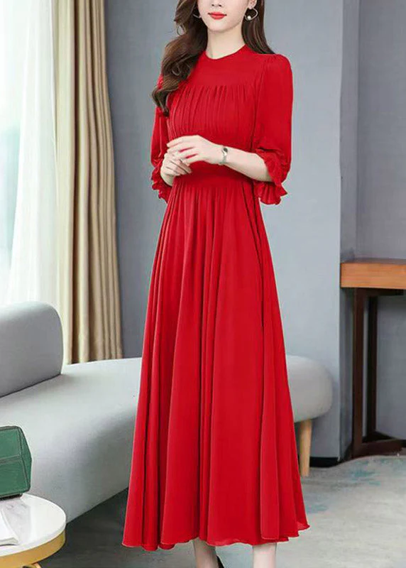 Italian Red Ruffled Patchwork Party Chiffon Long Dress Half Sleeve - Image 3