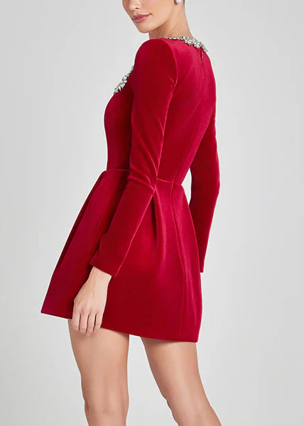 Italian Red Square Collar Zircon Floral Velvet Mid Dress Spring - Image 4