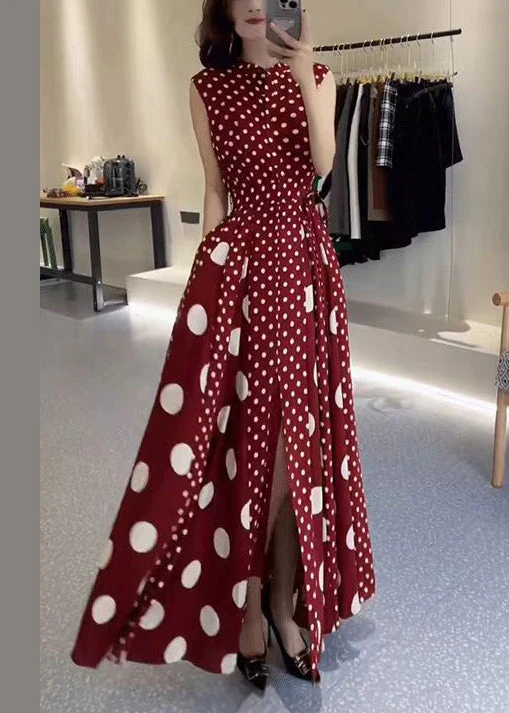Italian Red Stand Collar Dot Side Open Cotton Dress Sleeveless