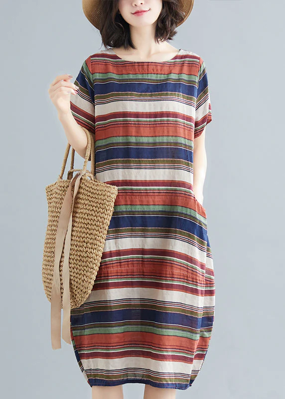 Italian Red Striped O-Neck Cotton Maxi Dress Short Sleeve - Image 2