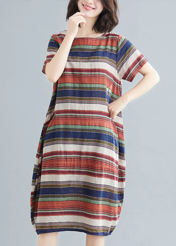 Italian Red Striped O-Neck Cotton Maxi Dress Short Sleeve - Image 3