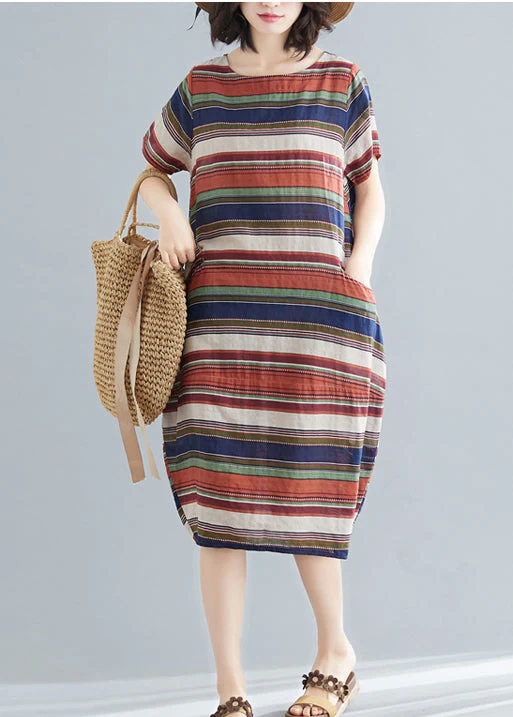 Italian Red Striped O-Neck Cotton Maxi Dress Short Sleeve - Image 4