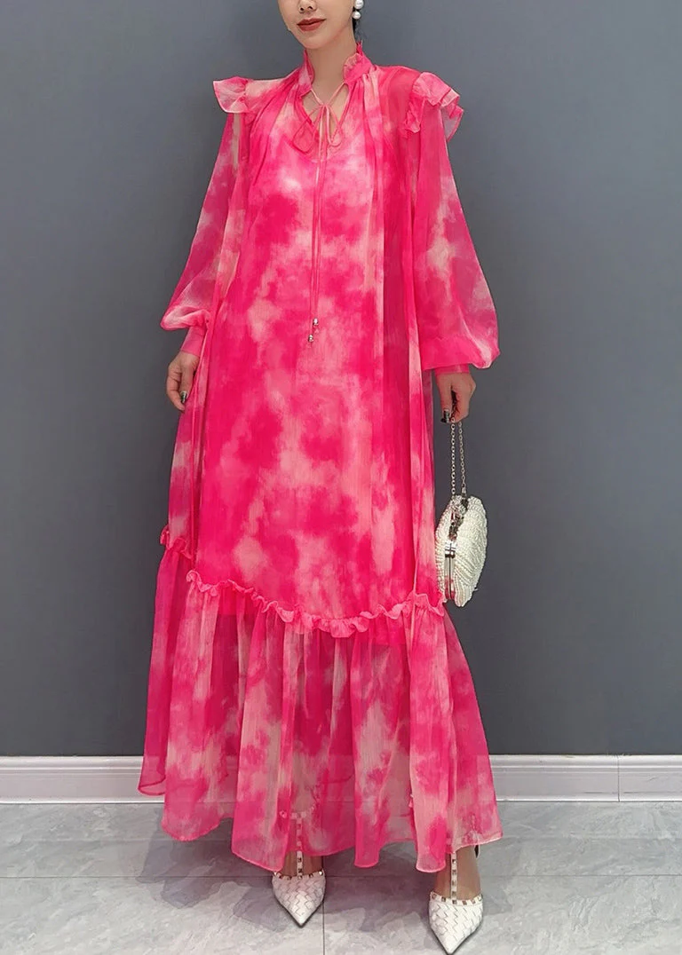 Italian Red V Neck Print Long Dress Lantern Sleeve - Image 2