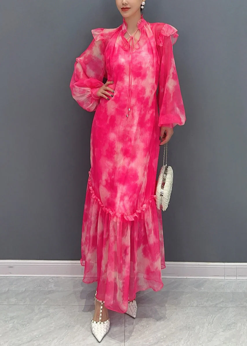 Italian Red V Neck Print Long Dress Lantern Sleeve - Image 3