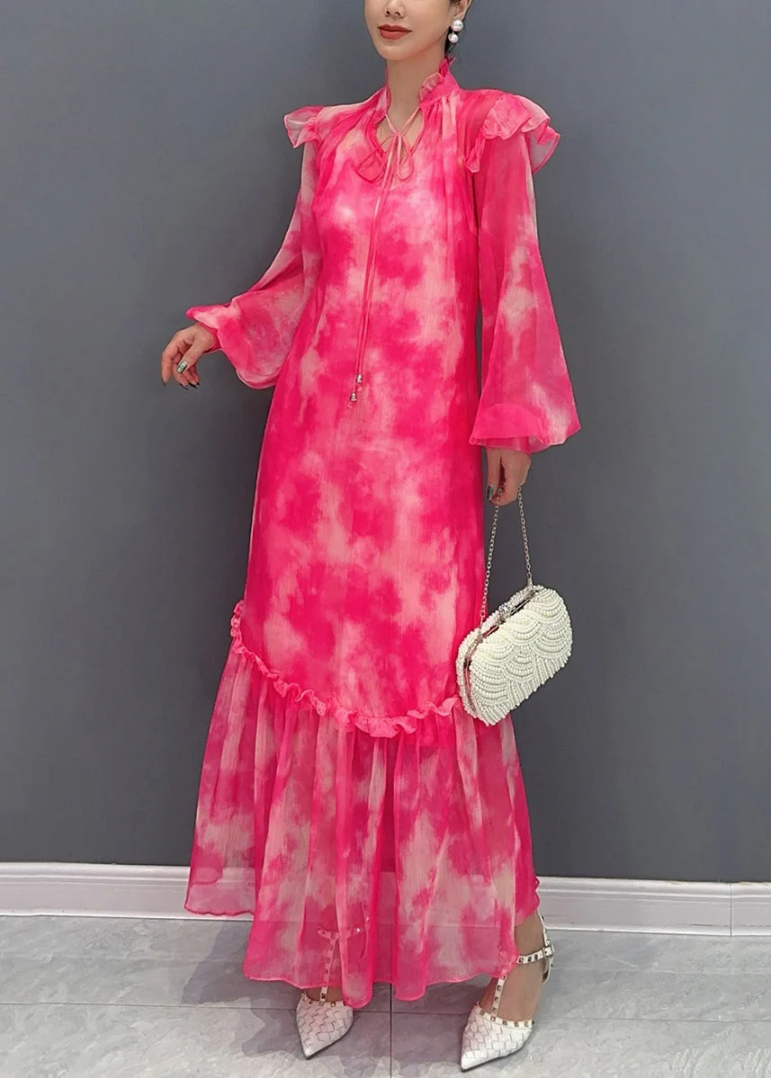Italian Red V Neck Print Long Dress Lantern Sleeve - Image 4