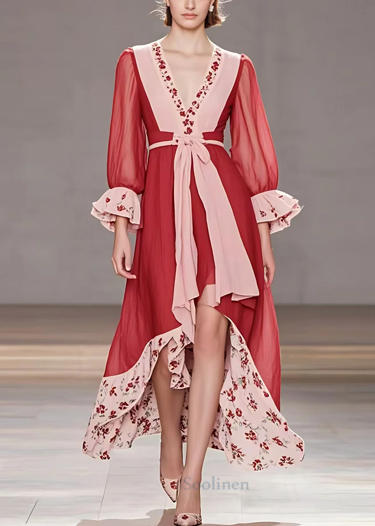 Italian Red V Neck Print Low High Design Cotton Dress Flare Sleeve - Image 2