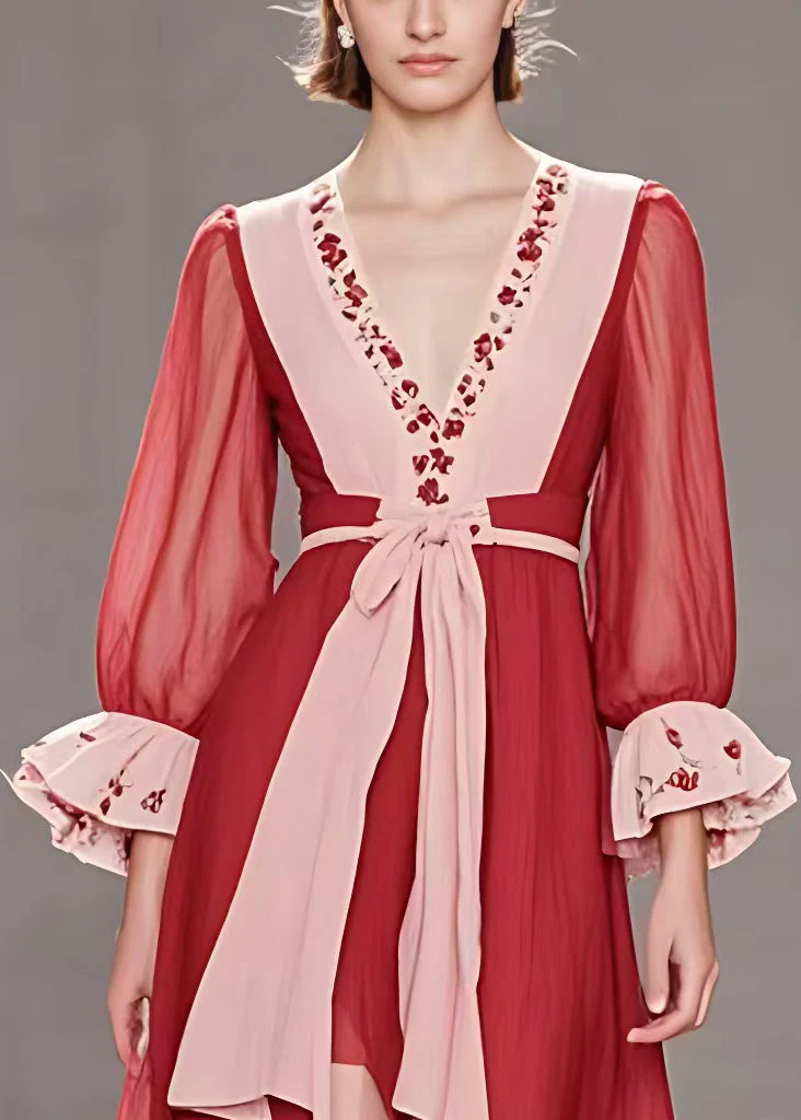 Italian Red V Neck Print Low High Design Cotton Dress Flare Sleeve - Image 3