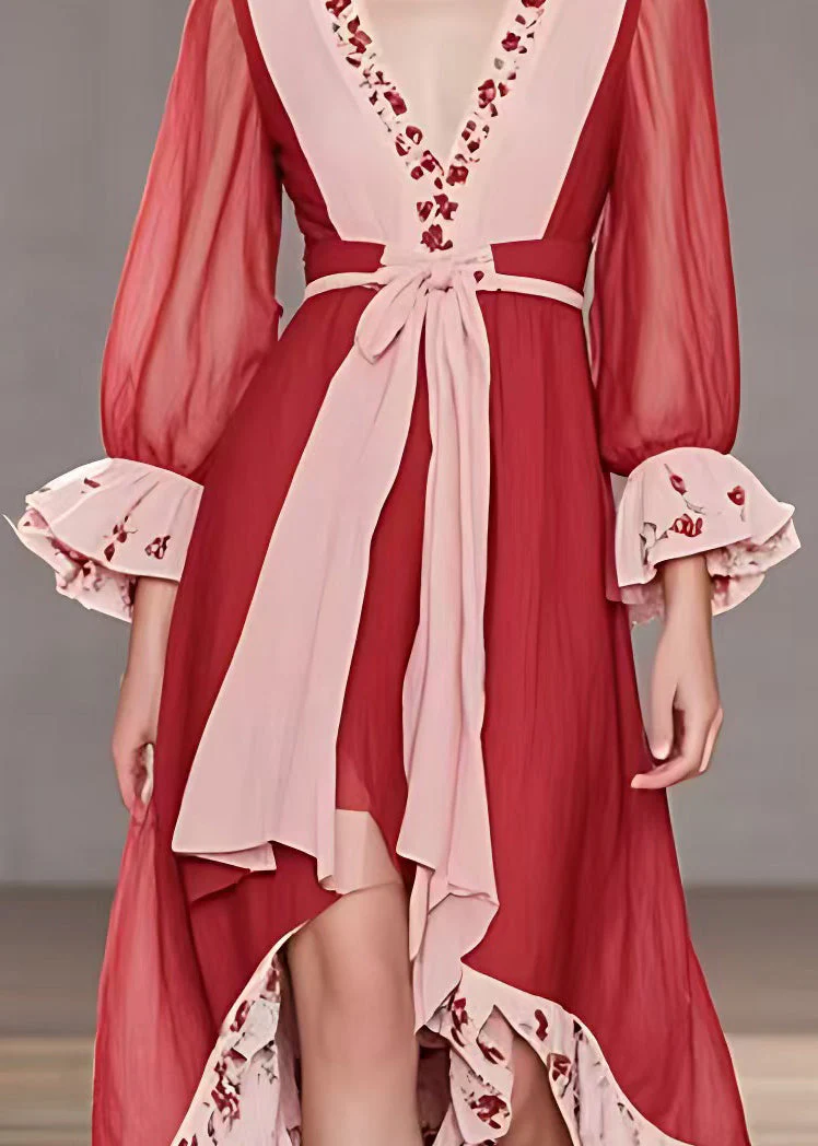 Italian Red V Neck Print Low High Design Cotton Dress Flare Sleeve - Image 4