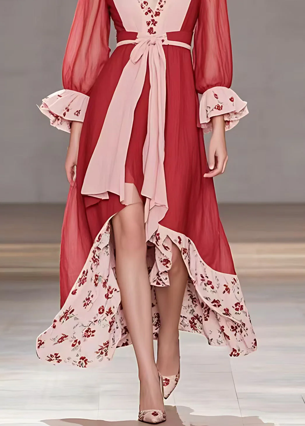 Italian Red V Neck Print Low High Design Cotton Dress Flare Sleeve - Image 5