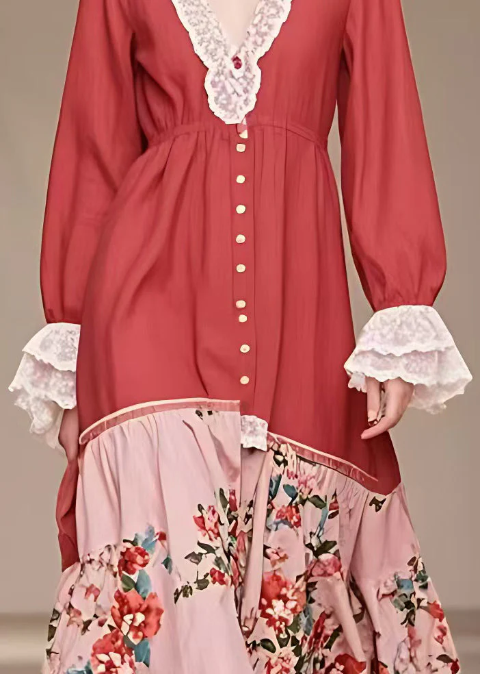 Italian Red V Neck Print Patchwork Cotton Long Dresses Butterfly Sleeve - Image 4