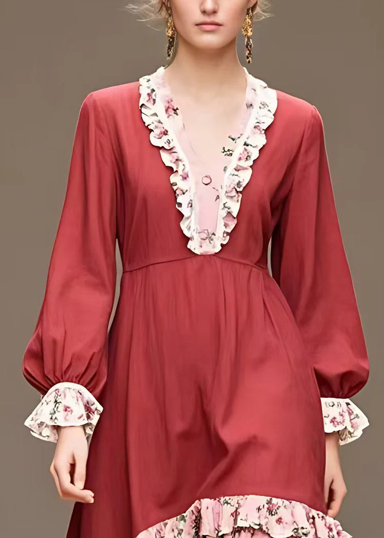 Italian Red V Neck Ruffled Cotton Dresses Long Sleeve - Image 3