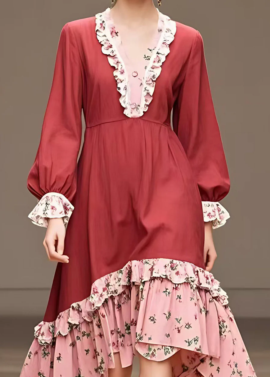 Italian Red V Neck Ruffled Cotton Dresses Long Sleeve - Image 4
