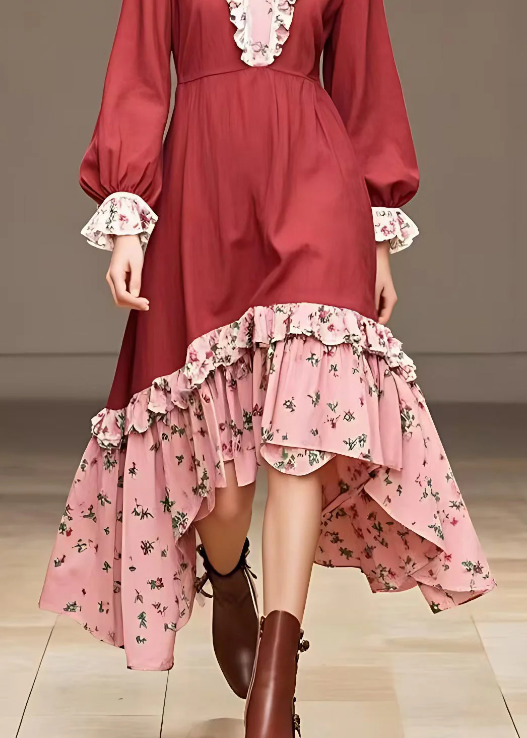 Italian Red V Neck Ruffled Cotton Dresses Long Sleeve - Image 5