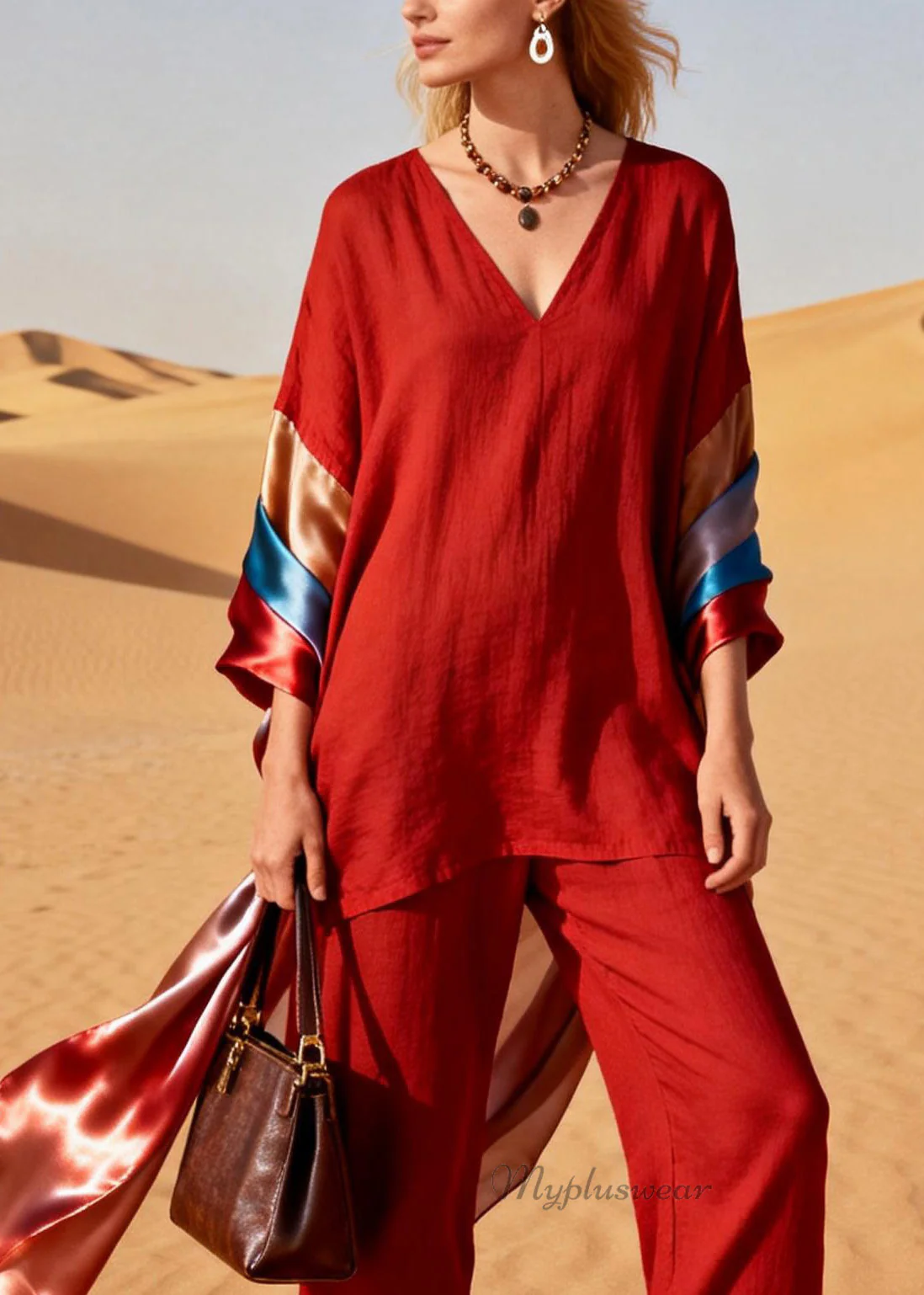 Italian Red V Neck Silk Patchwork Linen Two Piece Set Outfits Summer - Image 2