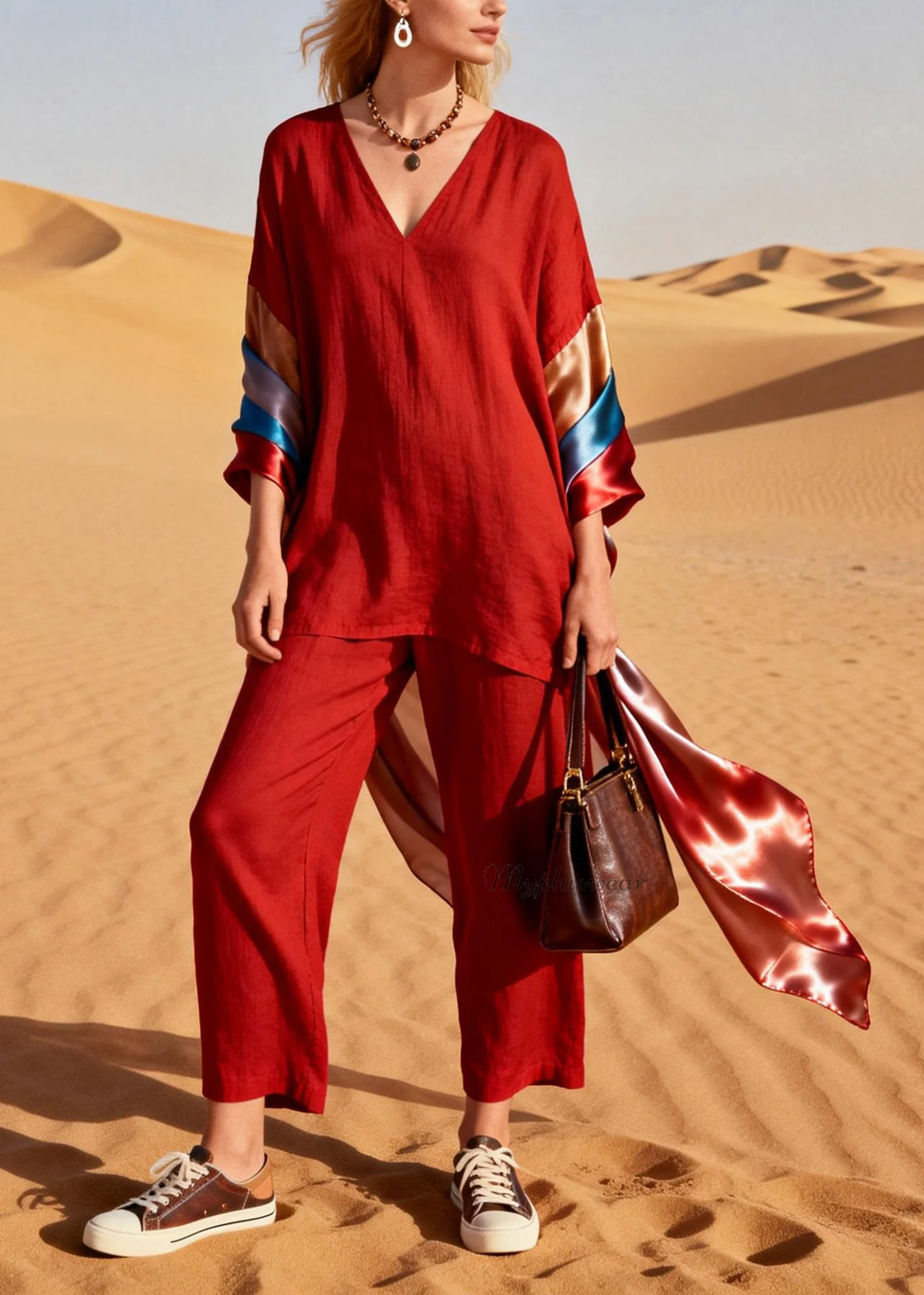 Italian Red V Neck Silk Patchwork Linen Two Piece Set Outfits Summer - Image 3