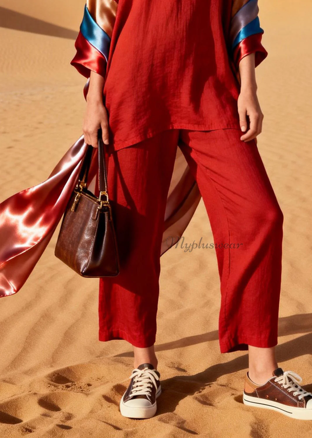 Italian Red V Neck Silk Patchwork Linen Two Piece Set Outfits Summer - Image 4