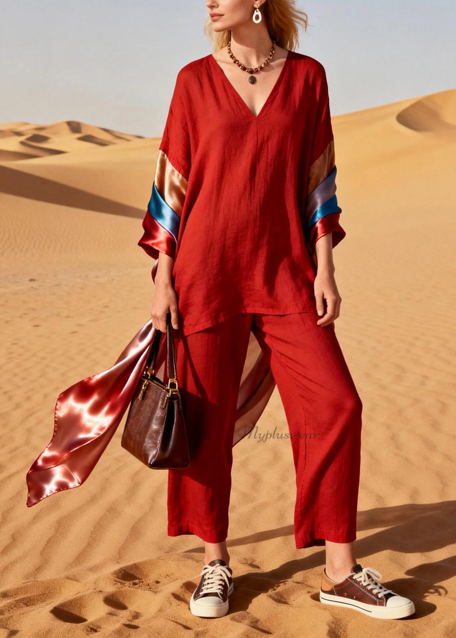 Italian Red V Neck Silk Patchwork Linen Two Piece Set Outfits Summer - Image 5