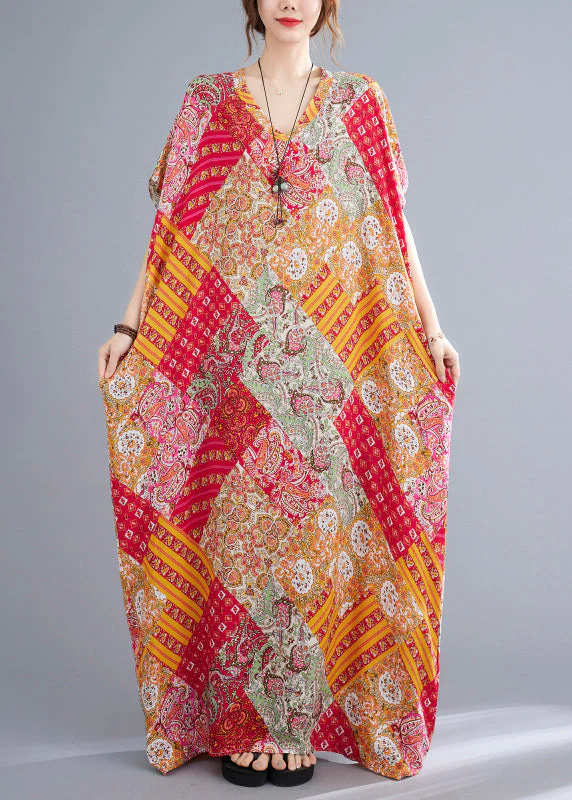 Italian Red Yellow Print Cozy Cotton Long Dress Short Sleeve - Image 2