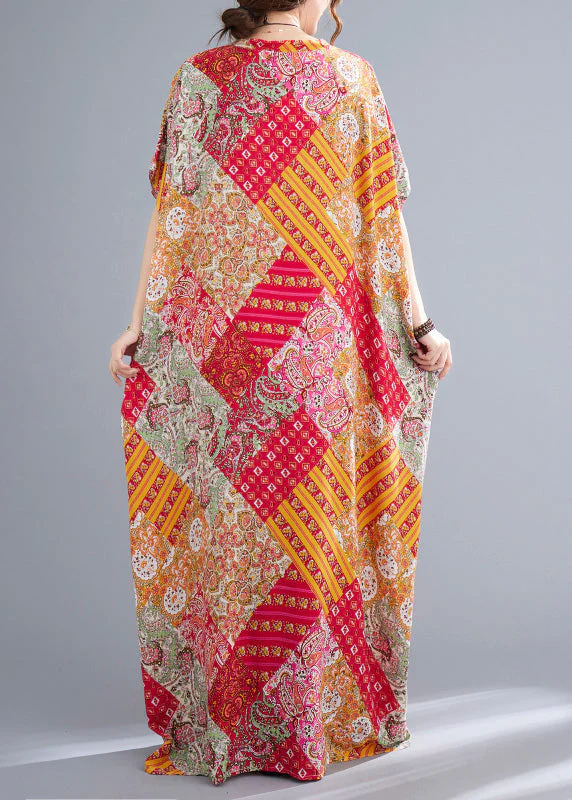 Italian Red Yellow Print Cozy Cotton Long Dress Short Sleeve - Image 4
