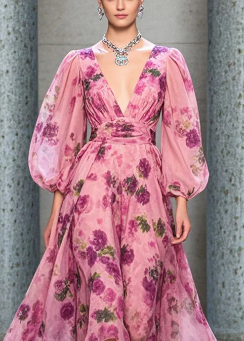 Italian Rose Cinched Print Chiffon Long Dresses Lantern Sleeve - Image 2