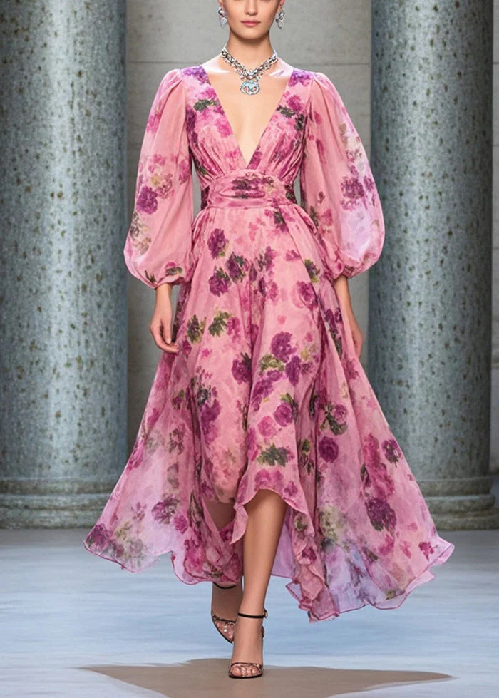 Italian Rose Cinched Print Chiffon Long Dresses Lantern Sleeve - Image 3