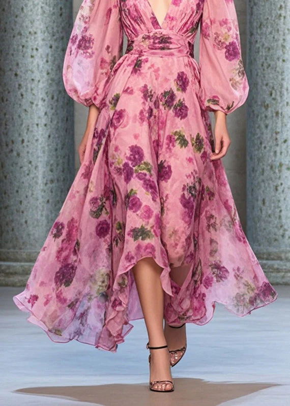 Italian Rose Cinched Print Chiffon Long Dresses Lantern Sleeve - Image 4