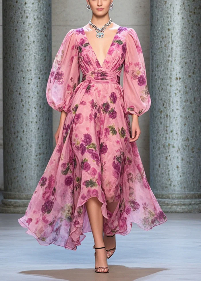 Italian Rose Cinched Print Chiffon Long Dresses Lantern Sleeve - Image 5