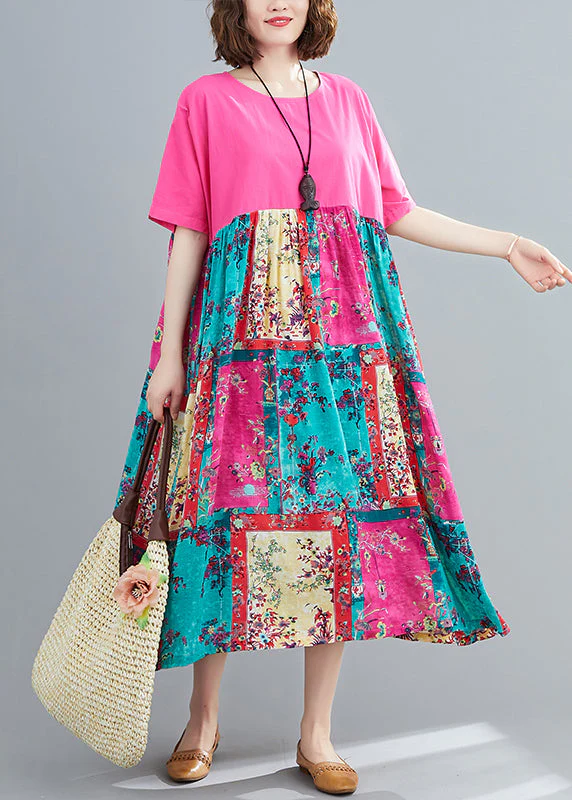 Italian Rose O-Neck Patchwork Pocket Vacation Dress Short Sleeve - Image 3
