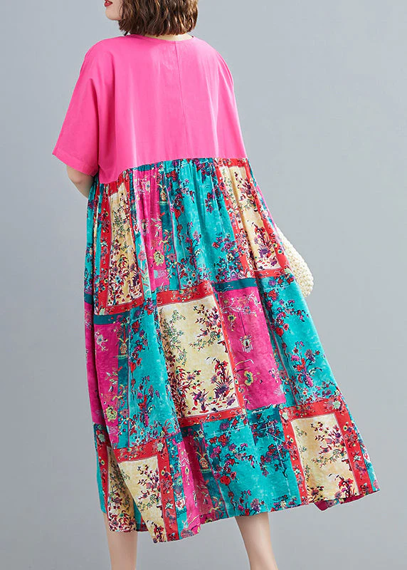 Italian Rose O-Neck Patchwork Pocket Vacation Dress Short Sleeve - Image 4