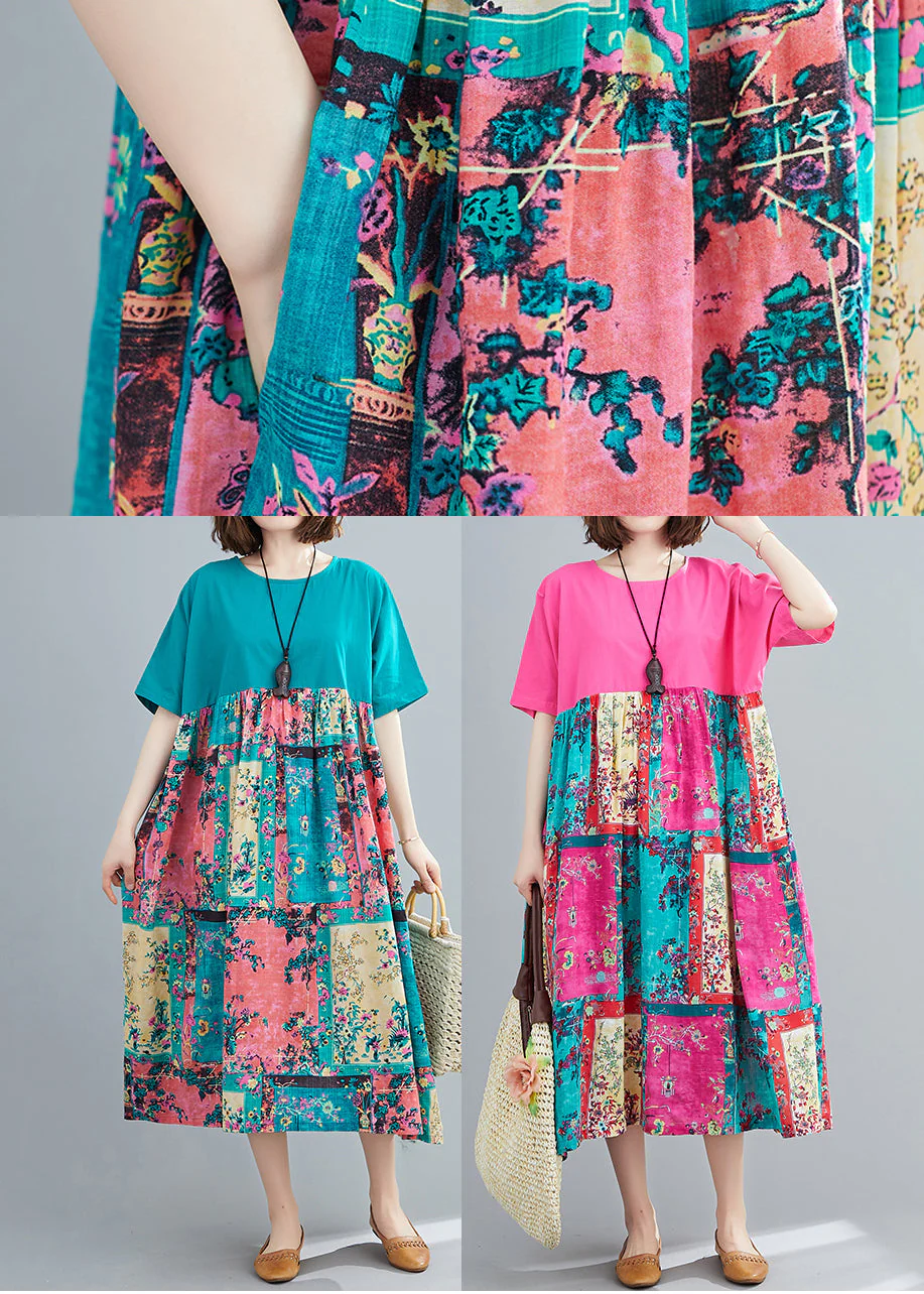 Italian Rose O-Neck Patchwork Pocket Vacation Dress Short Sleeve - Image 5