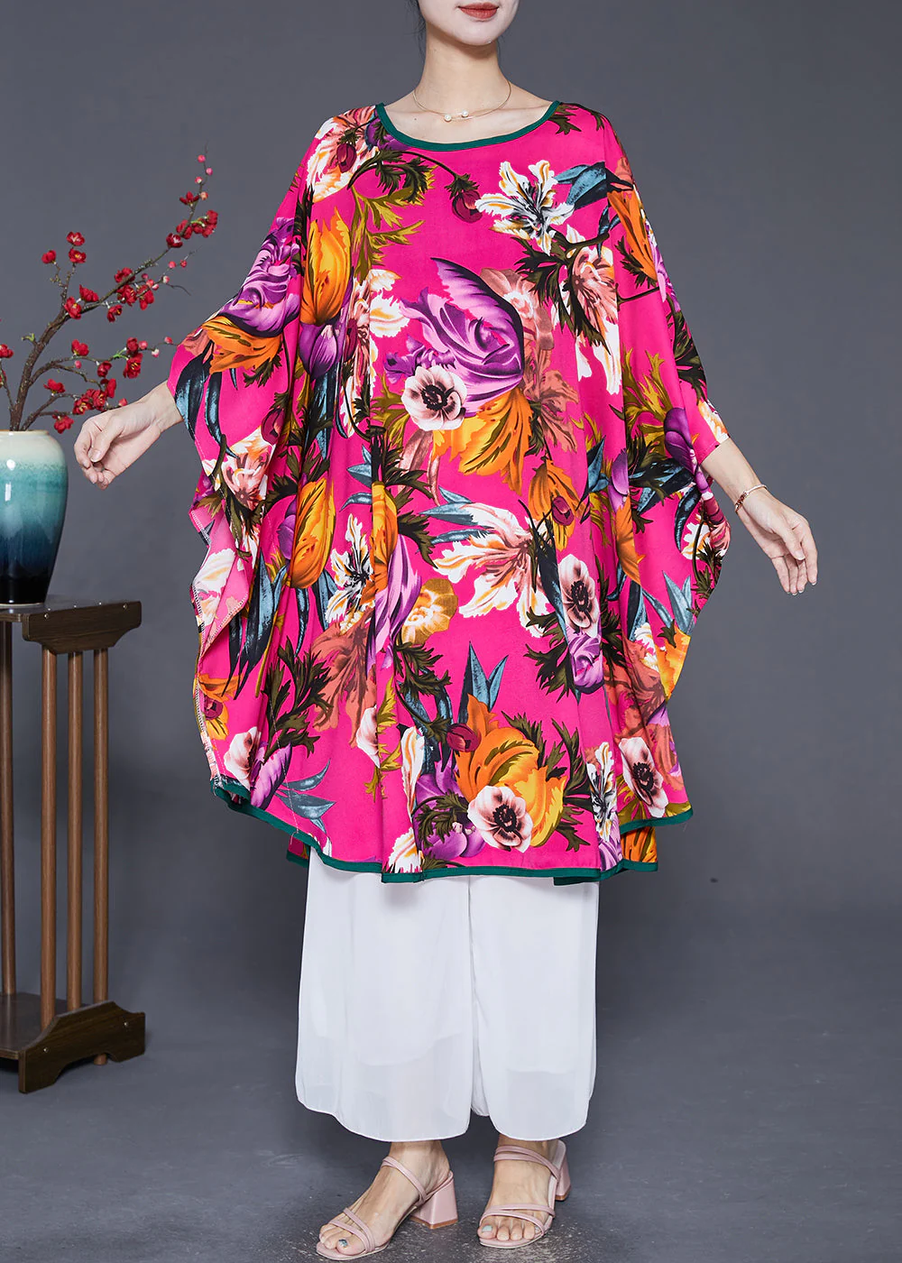 Italian Rose Oversized Print Ice Silk Long Dresses Summer - Image 2
