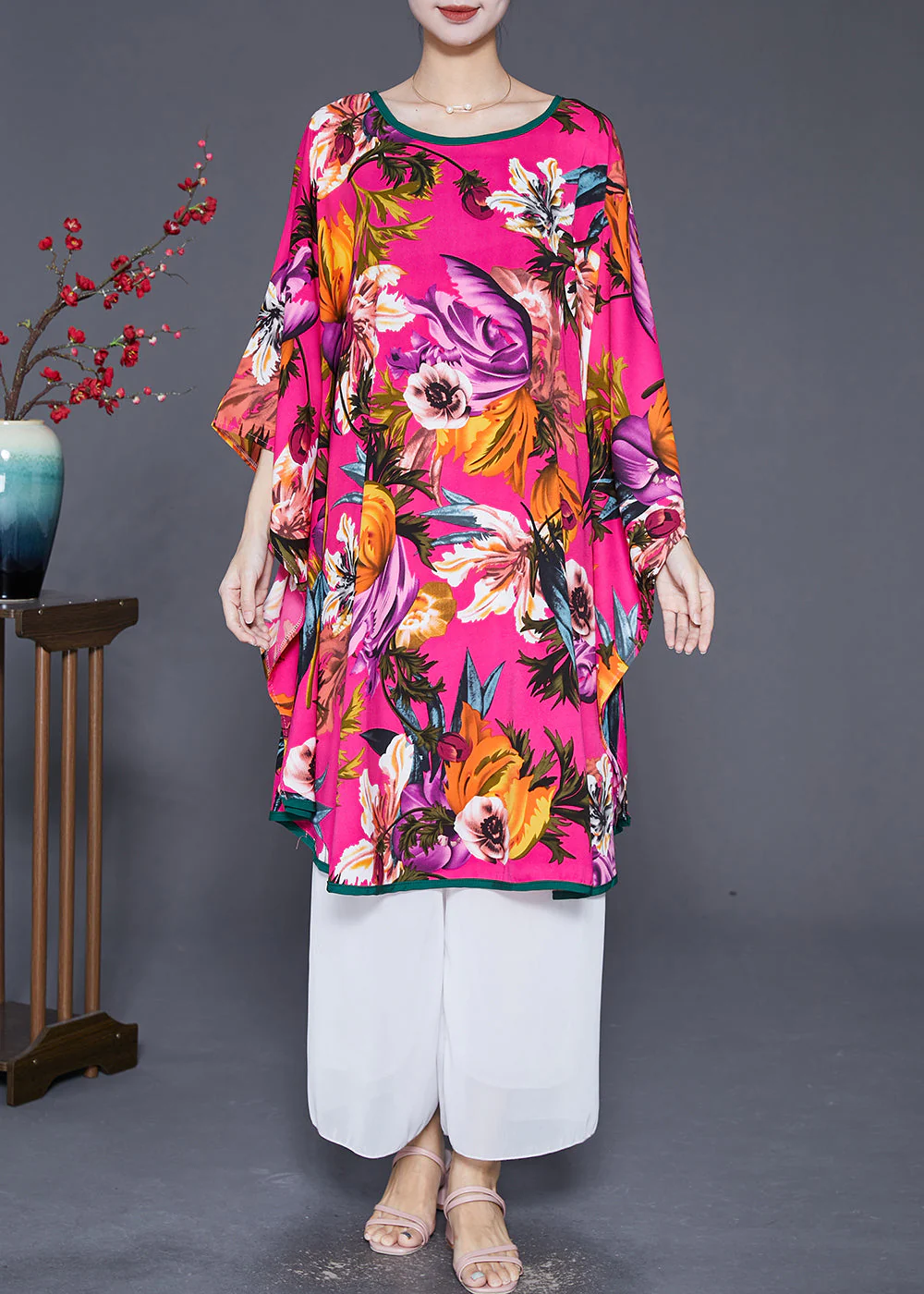Italian Rose Oversized Print Ice Silk Long Dresses Summer - Image 3