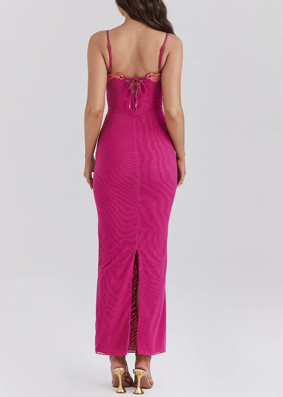 Italian Rose Side Open Solid Tulle Maxi Spaghetti Strap Dresses Sleeveless - Image 4