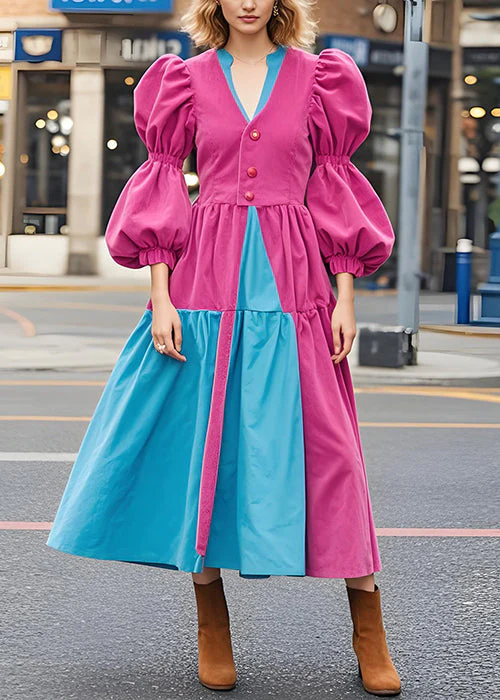 Italian Rose V Neck Patchwork Corduroy Dresses Lantern Sleeve - Image 2