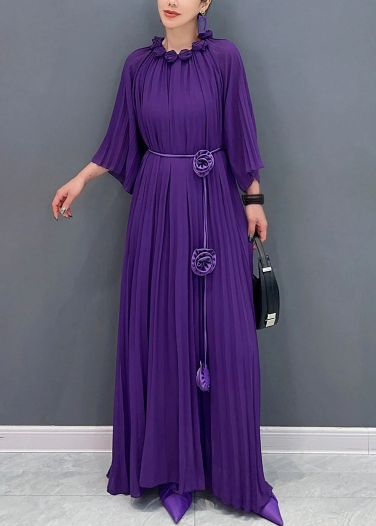 Italian Rose Wrinkled Tie Waist Chiffon Long Dresses Fall - Image 3