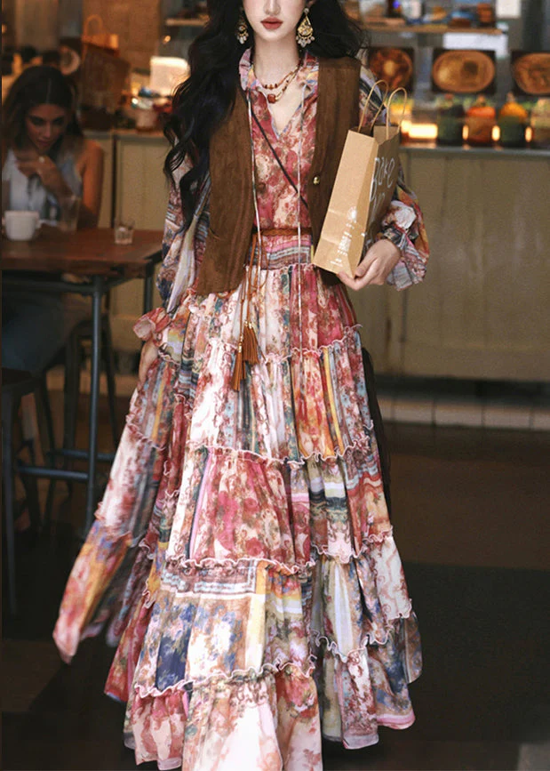 Italian Ruffled Print Lace Up Chiffon Maxi Dress Fall