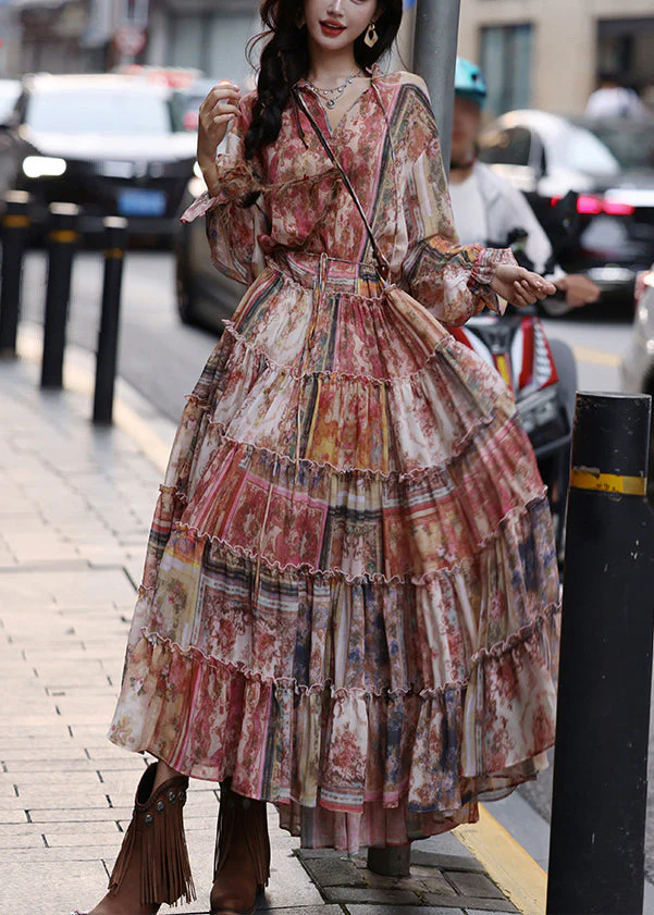 Italian Ruffled Print Lace Up Chiffon Maxi Dress Fall - Image 2